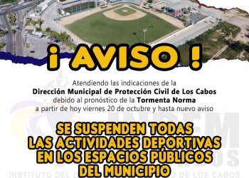 SUSPENDEN EN LOS CABOS ACTIVIDADES DEPORTIVAS EN LOS ESPACIOS PÚBLICOS DEL MUNICIPIO POR HURACÁN NORMA