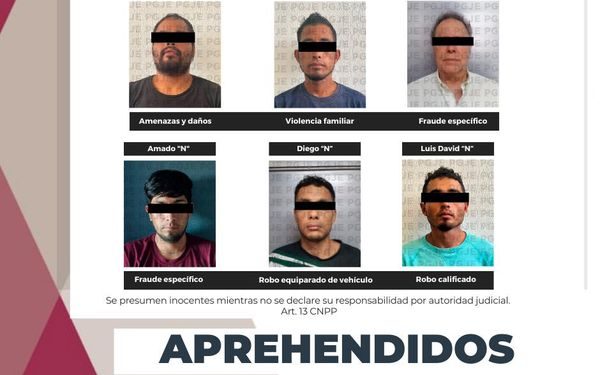 POR SU PROBABLE RESPONSABILIDAD EN DISTINTOS DELITOS, APREHENDE PGJE A 6 PERSONAS