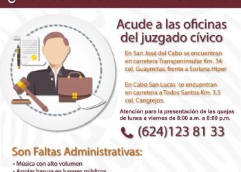 JUSTICIA CÍVICA DE LOS CABOS PROPORCIONA SANCIONES A QUIENES COMETEN FALTAS ADMINISTRATIVAS