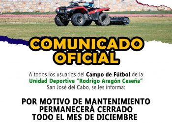 INFORMA INSTITUTO DEL DEPORTE MUNICIPAL DE LOS CABOS QUE PERMANECERÁ CERRADA LA UNIDAD DEPORTIVA “RODRIGO ARAGÓN CESEÑA “