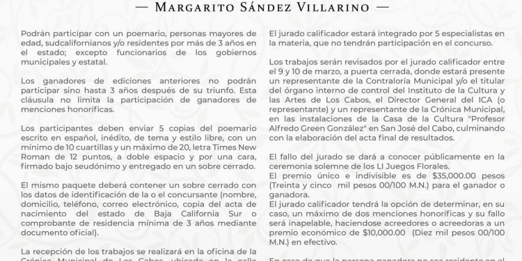 INVITA GOBIERNO DE LOS CABOS A PARTICIPAR EN LOS Ll JUEGOS FLORALES “MARGARITO SANDEZ VILLARINO”