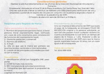 GOBIERNO DE LOS CABOS A TRAVÉS DE LA DIRECCIÓN MUNICIPAL DE VINCULACIÓN Y FOMENTO EMPRESARIAL TE INVITA A REGISTRAR Y PROTEGER TÚ MARCA ANTE EL INSTITUTO MEXICANO DE LA PROPIEDAD INDUSTRIAL.   