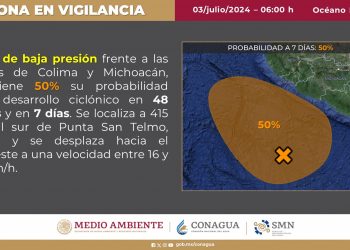 INFORMA LA DIRECCIÓN MUNICIPAL DE PROTECCIÓN CIVIL QUE ZONA DE BAJA PRESIÓN EN EL PACIFICO MANTIENE EL 50% DE PROBABILIDAD CICLÓNICA