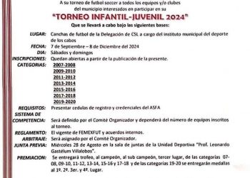 CONVOCAN AL TORNEO DE FÚTBOL SOCCER A TODOS LOS EQUIPOS Y/O CLUBES INTERESADOS EN PARTICIPAR EN EL “TORNEO INFANTIL-JUVENIL 2024” EN CSL