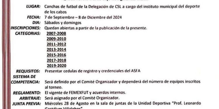 CONVOCAN AL TORNEO DE FÚTBOL SOCCER A TODOS LOS EQUIPOS Y/O CLUBES INTERESADOS EN PARTICIPAR EN EL “TORNEO INFANTIL-JUVENIL 2024” EN CSL
