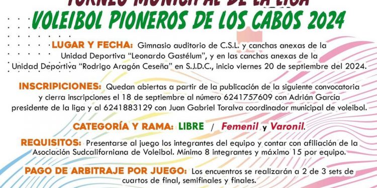 GOBIERNO DE LOS CABOS INVITA A PARTICIPAR EN EL TORNEO MUNICIPAL DE LA LIGA VOLEIBOL PIONEROS DE LOS CABOS 2024