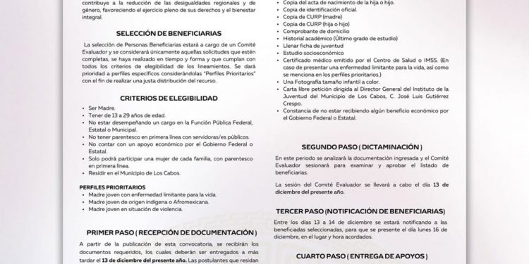 INJUVE LOS CABOS INVITA A MADRES JÓVENES A PARTICIPAR EN EL PROGRAMA DE APOYOS ECONÓMICOS 