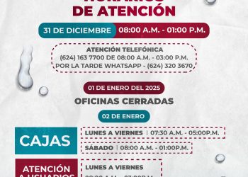 HORARIOS DE ATENCIÓN PARA ESTE FIN DE AÑO EN EL OOMSAPASLC