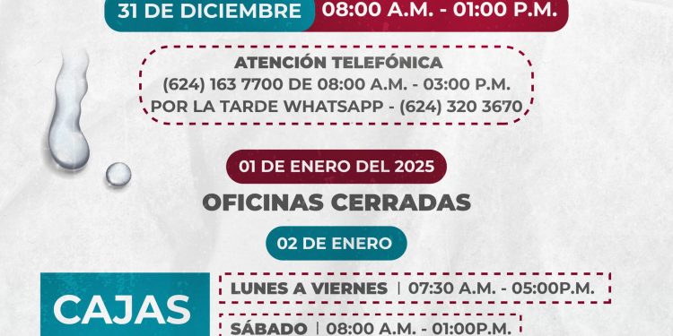 HORARIOS DE ATENCIÓN PARA ESTE FIN DE AÑO EN EL OOMSAPASLC