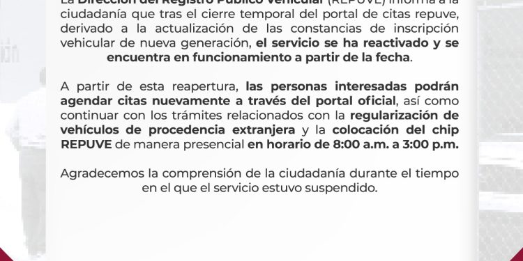 ANUNCIA REPUVE REAPERTURA DEL PORTAL DE TRÁMITES DE REGULARIZACIÓN VEHICULAR