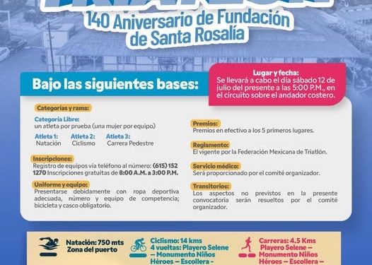 INVITA AYUNTAMIENTO DE MULEGÉ A PARTICIPAR EN TRIATLÓN POR EL 140° ANIVERSARIO DE SANTA ROSALÍA