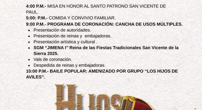 ANUNCIAN PROGRAMA DE ACTIVIDADES PARA LAS FIESTAS TRADICIONALES SAN VICENTE DE LA SIERRA 2025