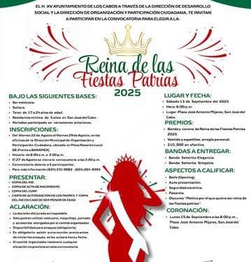 ABREN INSCRIPCIONES PARA ELECCIÓN DE LA REYNA DE LAS FIESTAS PATRIAS 2025 EN SAN JOSÉ DEL CABO