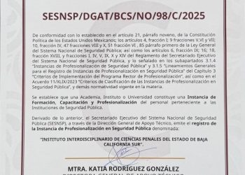 RECIBE INSTITUTO INTERDISCIPLINARIO DE CIENCIAS PENALES DE LA PGJE REGISTRO DE INSTANCIA DE PROFESIONALIZACIÓN DEL SESNSP