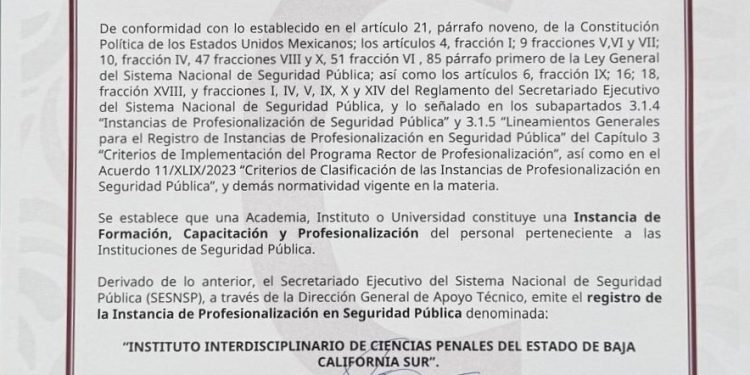 RECIBE INSTITUTO INTERDISCIPLINARIO DE CIENCIAS PENALES DE LA PGJE REGISTRO DE INSTANCIA DE PROFESIONALIZACIÓN DEL SESNSP