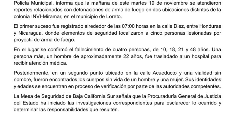 MESA DE SEGURIDAD DE BAJA CALIFORNIA SUR INFORMA SOBRE HECHOS OCURRIDOS EN LORETO