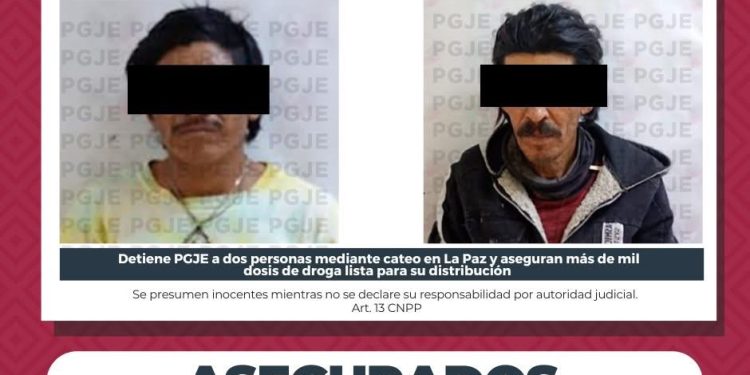 PGJE REALIZA CATEO EN LA PAZ; ASEGURAN MÁS DE MIL 600 DOSIS DE DROGA Y DETIENE DOS PERSONAS