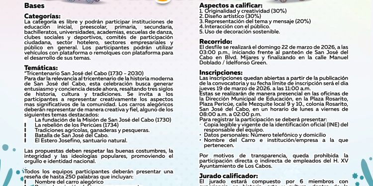 CONVOCAN AL CONCURSO DE CARROS ALEGÓRICOS EN LAS FIESTAS TRADICIONALES SAN JOSÉ DEL CABO 2026