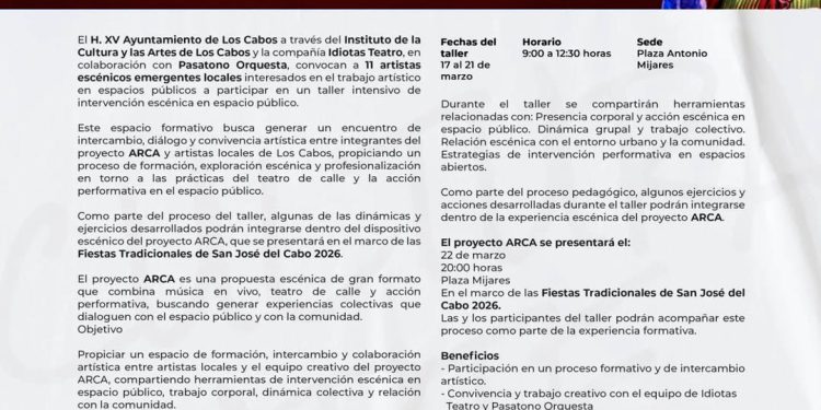 INVITAN A ARTISTAS DE LOS CABOS A PARTICIPAR EN TALLER DE INTERVENCIÓN ESCÉNICA EN ESPACIO PÚBLICO