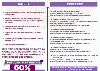 CONTINÚA VIGENTE DESCUENTO DEL 50% EN PREDIAL PARA JEFAS DE FAMILIA Y MADRES SOLTERAS EN LOS CABOS