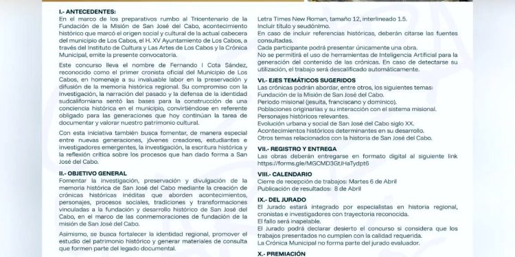 INVITAN AL PRIMER CONCURSO MUNICIPAL DE CRÓNICA BREVE POR EL TRICENTENARIO DE LA FUNDACIÓN DE SAN JOSÉ DEL CABO