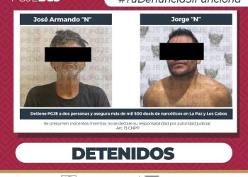 PGJE DETIENE A DOS PERSONAS Y ASEGURA MÁS DE MIL 500 DOSIS DE DROGA EN LA PAZ Y LOS CABOS