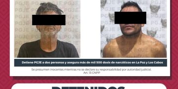 PGJE DETIENE A DOS PERSONAS Y ASEGURA MÁS DE MIL 500 DOSIS DE DROGA EN LA PAZ Y LOS CABOS