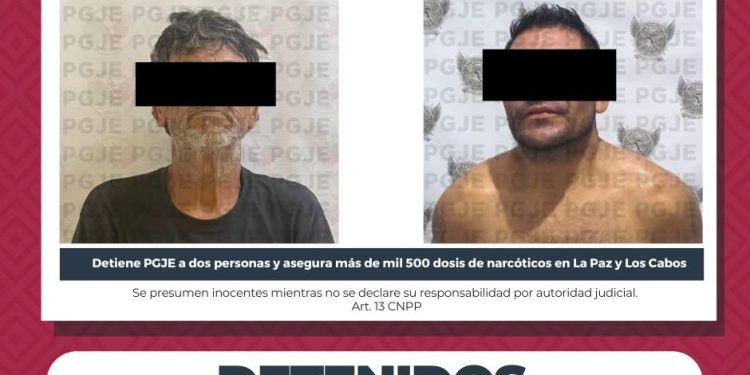 PGJE DETIENE A DOS PERSONAS Y ASEGURA MÁS DE MIL 500 DOSIS DE DROGA EN LA PAZ Y LOS CABOS