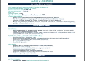    ABREN VACANTE DEL INEGI PARA PROFESIONISTAS EN CIENCIAS SOCIALES DE LOS CABOS