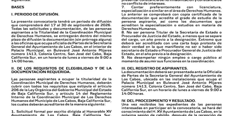 CONVOCA XV AYUNTAMIENTO DE LOS CABOS A PARTICIPAR EN EL PROCESO DE SELECCIÓN DE LA TITULARIDAD DE LA COORDINACIÓN MUNICIPAL DE DERECHOS HUMANOS