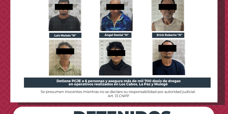 ASEGURA PGJE MÁS DE 1 MIL 700 DOSIS DE DROGA Y DETIENE A SEIS PERSONAS EN OPERATIVOS CONTRA EL NARCOMENUDEO EN BCS