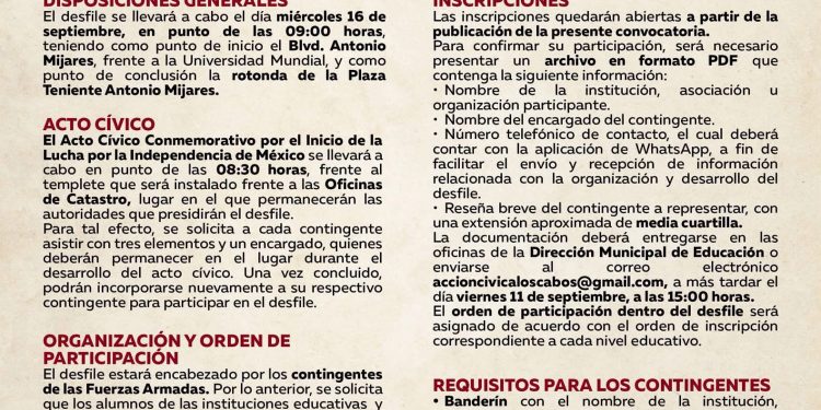 CONVOCA A PARTICIPAR EN EL DESFILE CÍVICO MILITAR POR EL INICIO DE LA INDEPENDENCIA DE MÉXICO