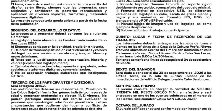 LANZA AYUNTAMIENTO DE LOS CABOS CONVOCATORIA PARA LOGOTIPO Y LEMA DE FIESTAS TRADICIONALES CABO SAN LUCAS 2026